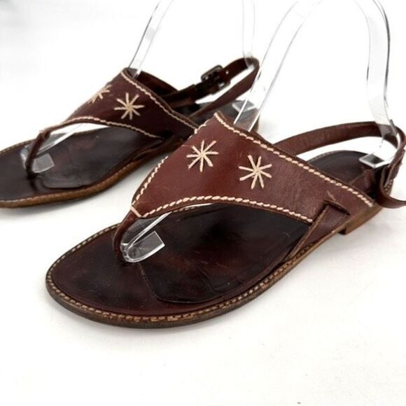 Vintage 90s Ann Taylor Womens Leather Embroidered Slingback Sandals Brown Size 9 - Picture 2 of 10